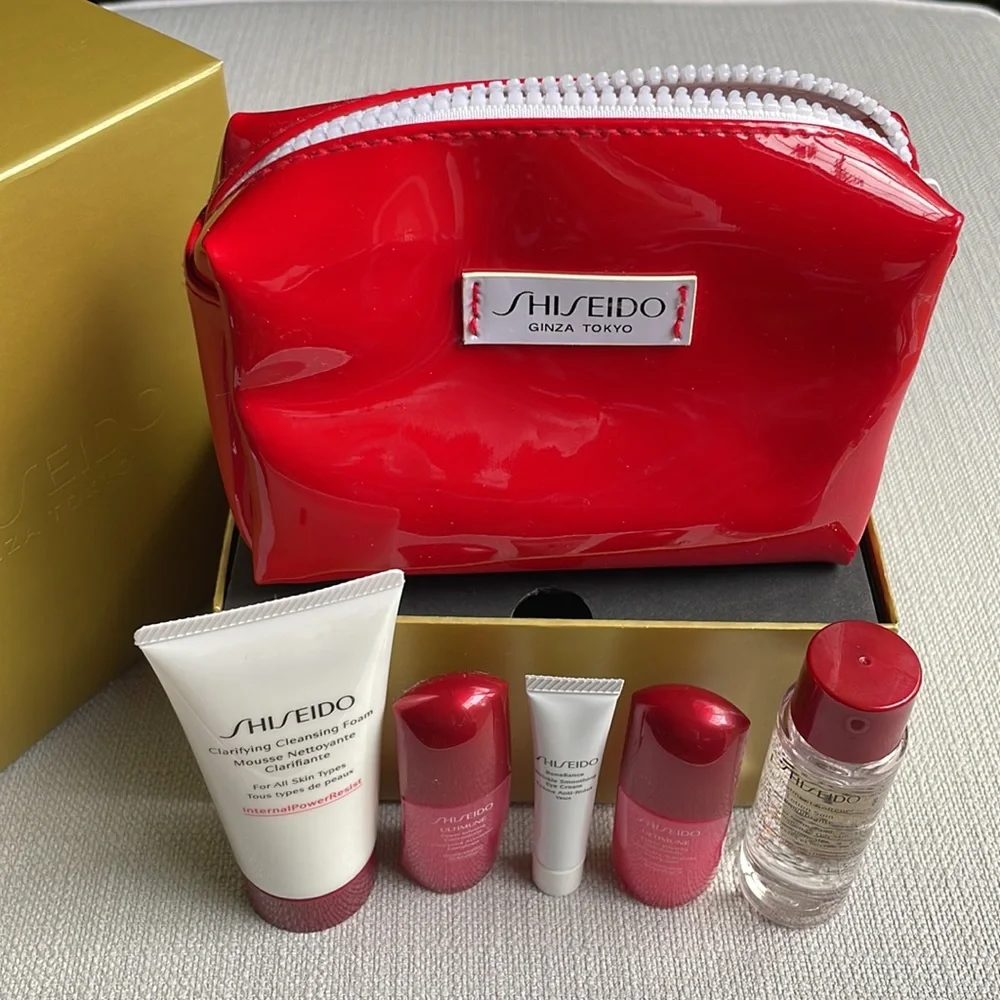Shiseido travel sized products with makeup pouch and gift box
